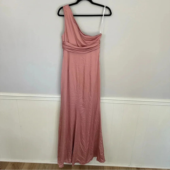 Dessy Collection Women’s One-Shoulder Blush Gathered Bodice Satin Gown GUC - Picture 10 of 10